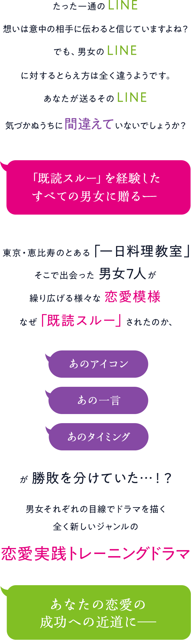 たった一通のLINE、想いは意中の相手に伝わると信じていますよね？でも、男女のLINEに対するとらえ方は全く違うようです。あなたが送るそのLINE、気づかぬうちに間違えていないでしょうか？「既読スルー」を経験したすべての男女に贈る―東京・恵比寿のとある「一日料理教室」そこで出会った男女7人が繰り広げる様々な恋愛模様なぜ「既読スルー」されたのか、あのアイコン、あの一言、あのタイミングが勝敗を分けていた…！？男女それぞれの目線でドラマを描く全く新しいジャンルの恋愛実践トレーニングドラマ。あなたの恋愛の成功への近道に―